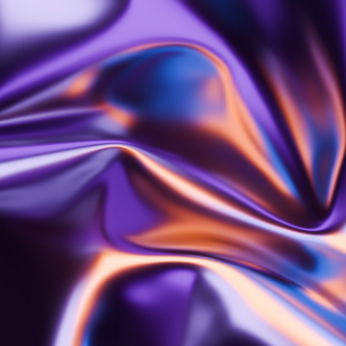 Tela satinada con pliegues suaves en tonos púrpura y reflejos anaranjados y azulados.