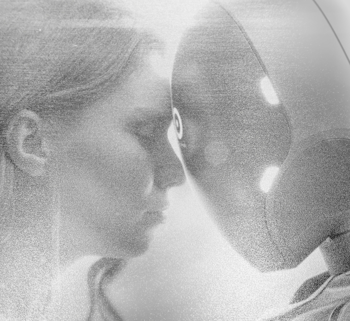 Perfil de un rostro humanoide con un diseño futurista de robot, mostrando detalles tecnológicos en la cabeza y oreja.