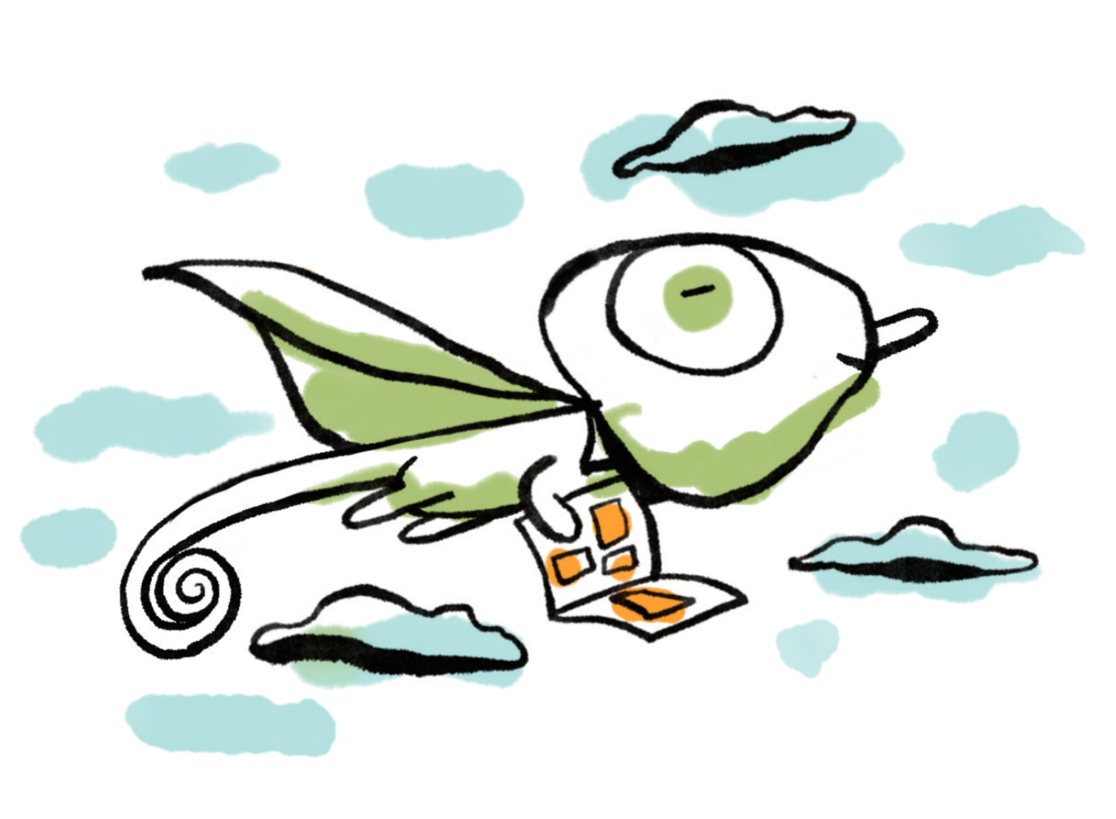 Camaleón volando con un cómic en sus manos