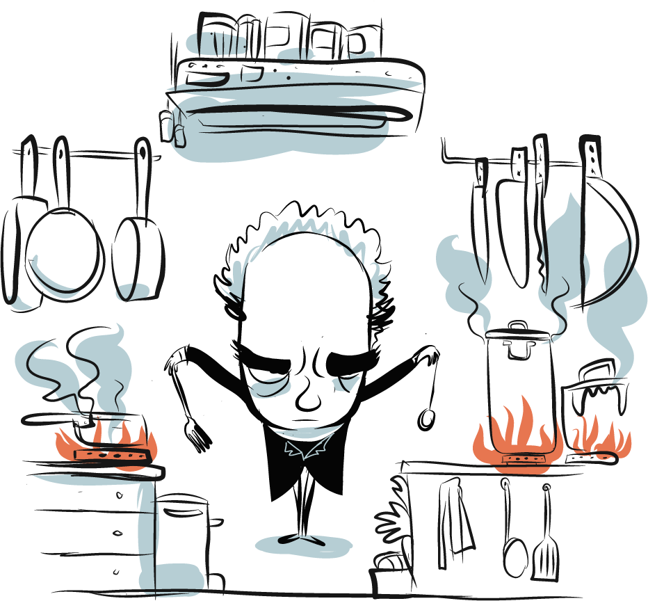 Ilustración de Ferrán Adrià sosteniendo un tenedor y una cuchara en cada mano en el centro de una cocina con los fogones encendidos